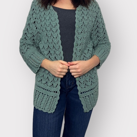 Vintage 1990s Northern Reflections Sage Green Knit Crochet Cardigan Sweater - Picture 1 of 6